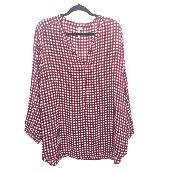 Red White Gingham Tunic Top Size 3X Plus Size V-Neck Popover Blouse Rayon - Picture 1 of 9
